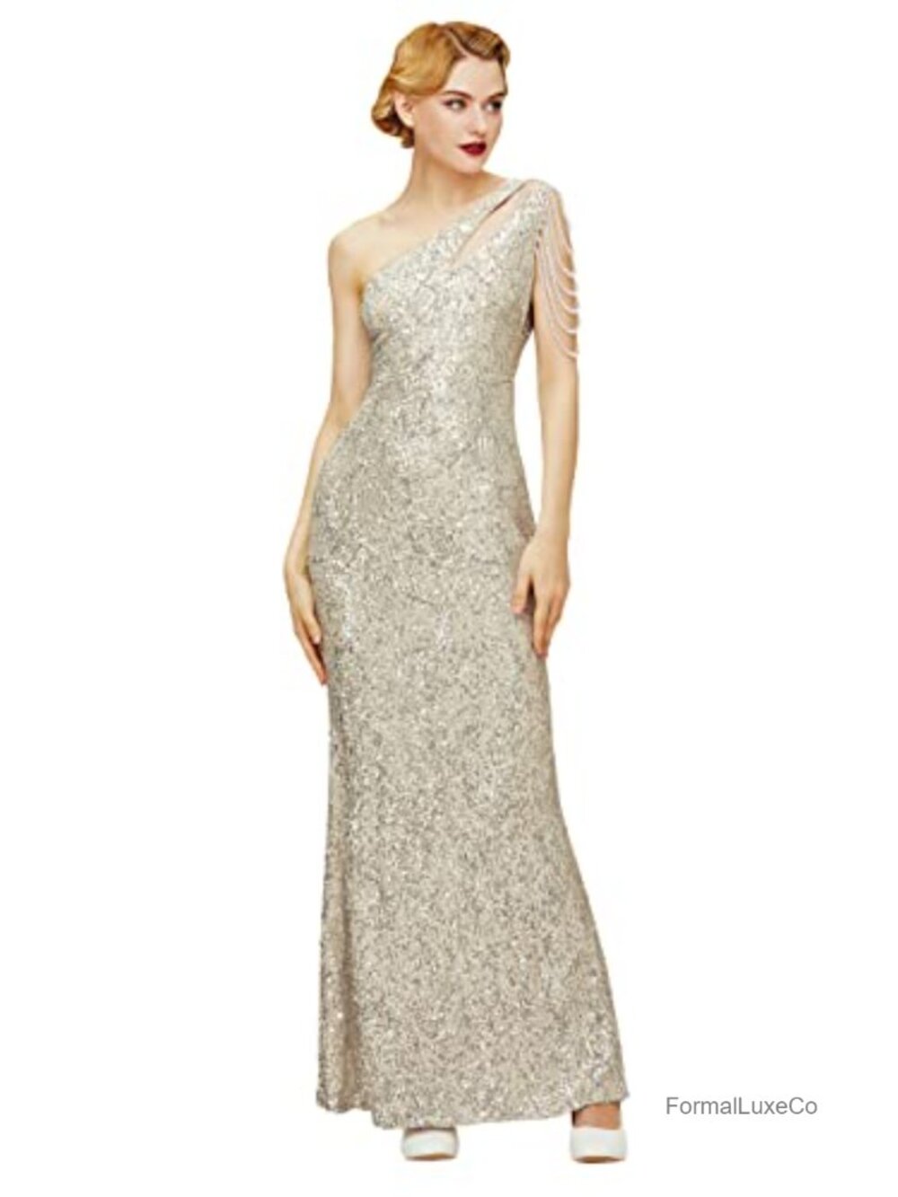 Sequin One Shoulder Maxi Dress Bodycon Formal Evening Gown 100% Polyester